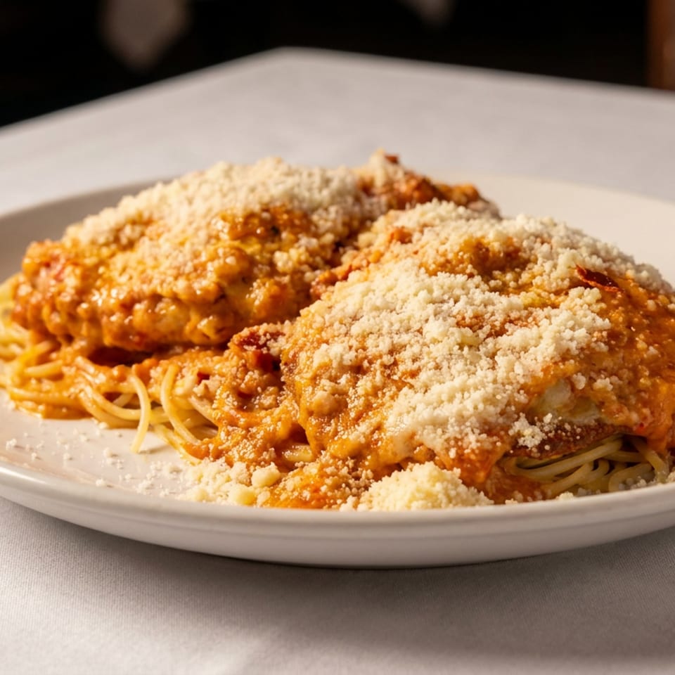 Breaded chicken parmesan topped with melted cheese and grated Parmesan, served over spaghetti with tomato sauce on a white plate.