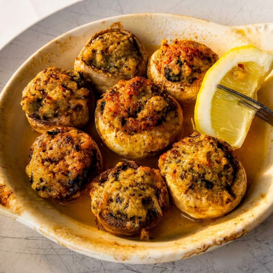 Six golden stuffed mushroom caps served in a rustic dish with sauce, a lemon wedge, and fork.