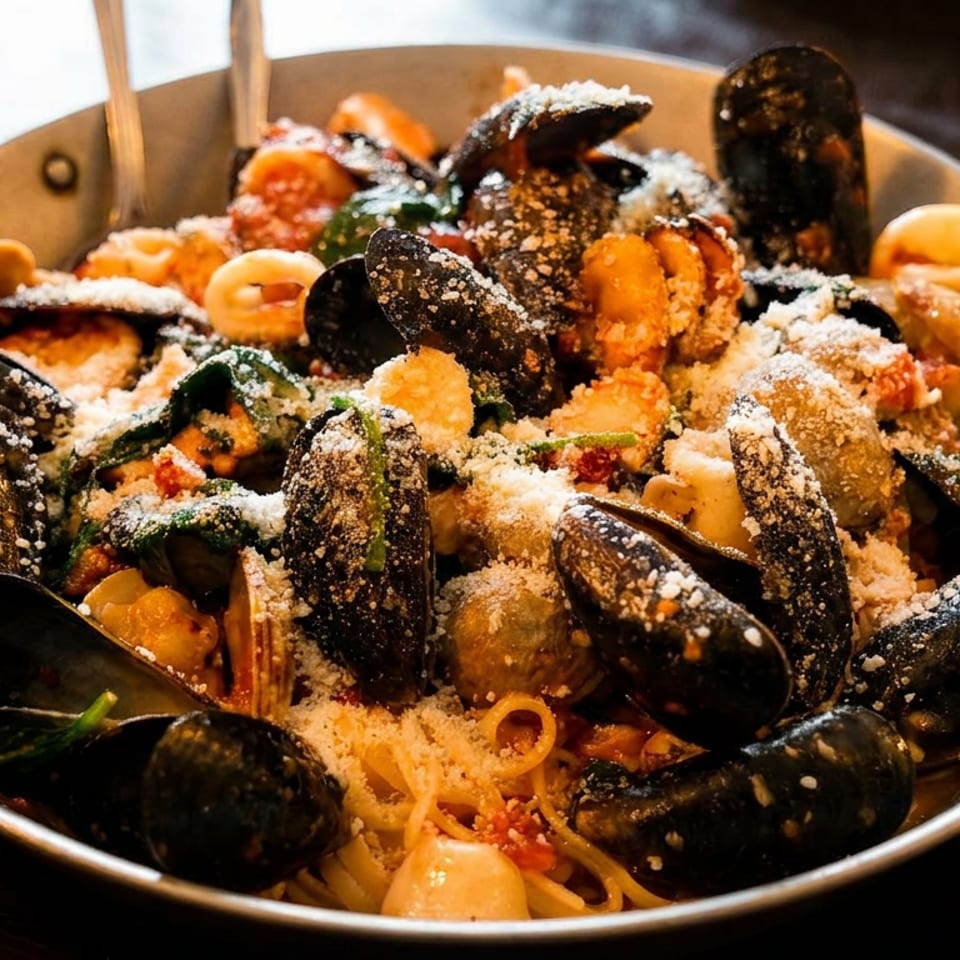 Seafood pasta with mussels, shrimp, calamari, and clams topped with grated cheese, served in a handled metal pan.