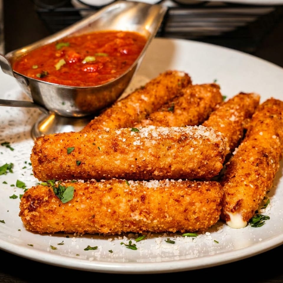 Golden fried mozzarella sticks topped with grated cheese and herbs, served with marinara sauce on a white plate.